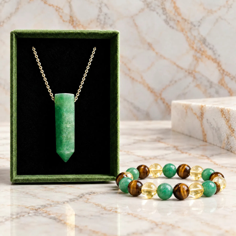 Green aventurine Necklace [Stainless Steel 9ct Gold Plated] & Makwande Bracelet Set