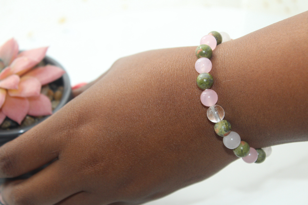 Unakite, Rose Quartz & Clear Quartz Crystal Set