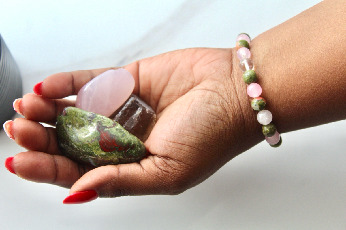 Unakite, Rose Quartz & Clear Quartz Crystal Set