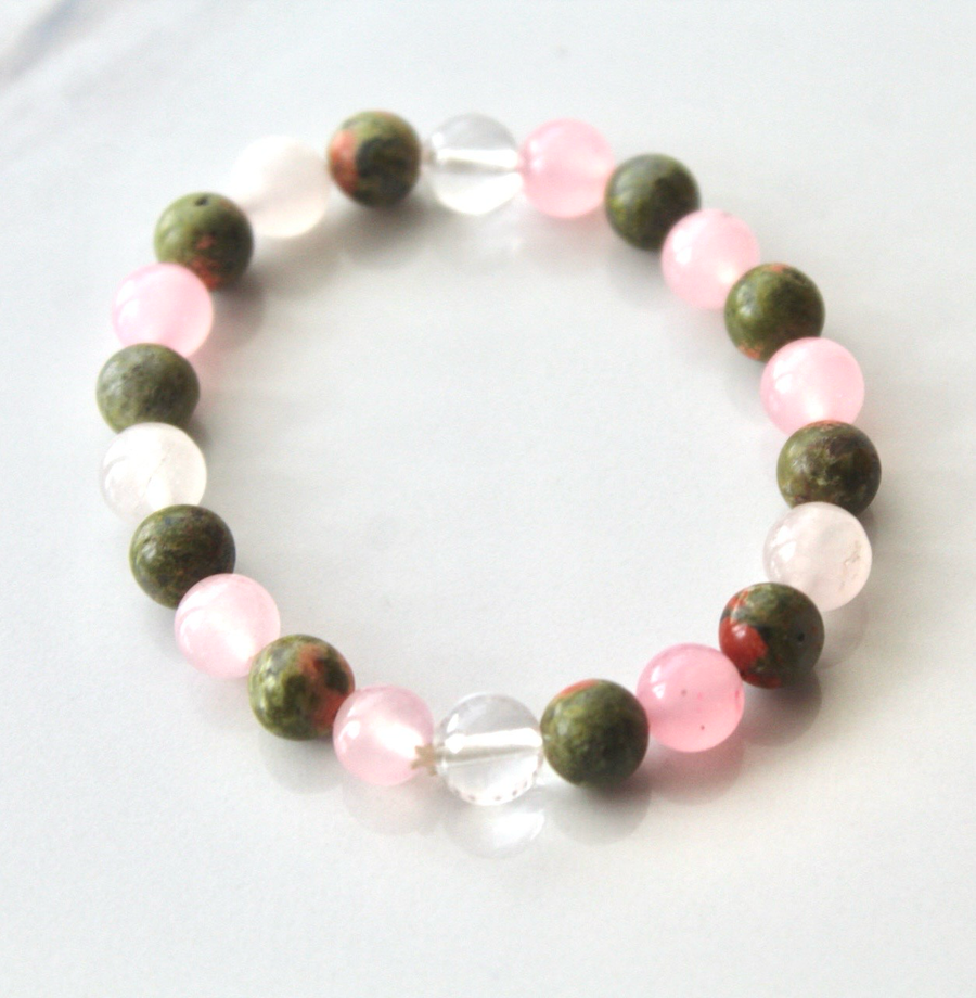 Unakite, Rose Quartz & Clear Quartz Crystal Set