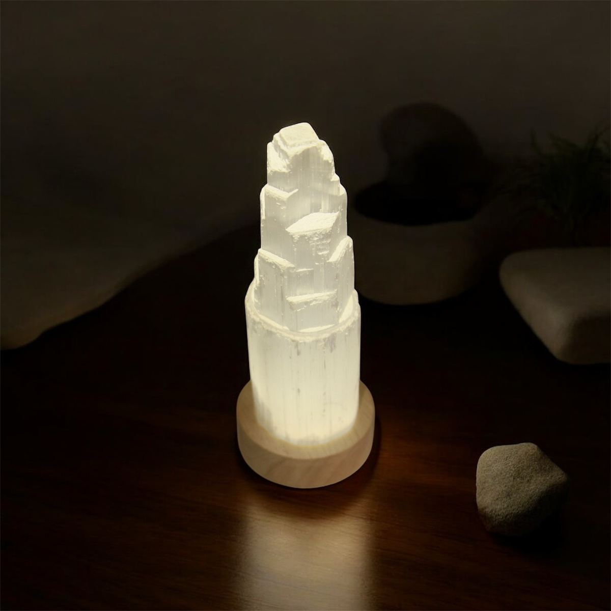 Selenite Tower with Light – 15cm