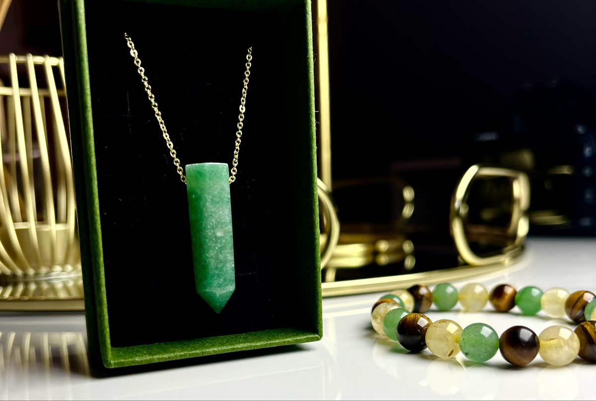 Green aventurine Necklace [Stainless Steel 9ct Gold Plated] 50cm + Makwande Bracelet + Pyrite Incense Set