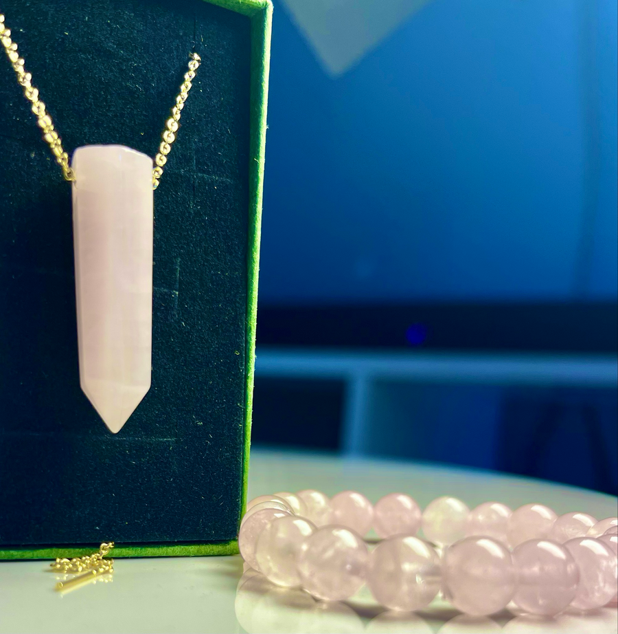 Rose Quartz Necklace, Bracelet [Stainless Steel 9ct Gold Plated]