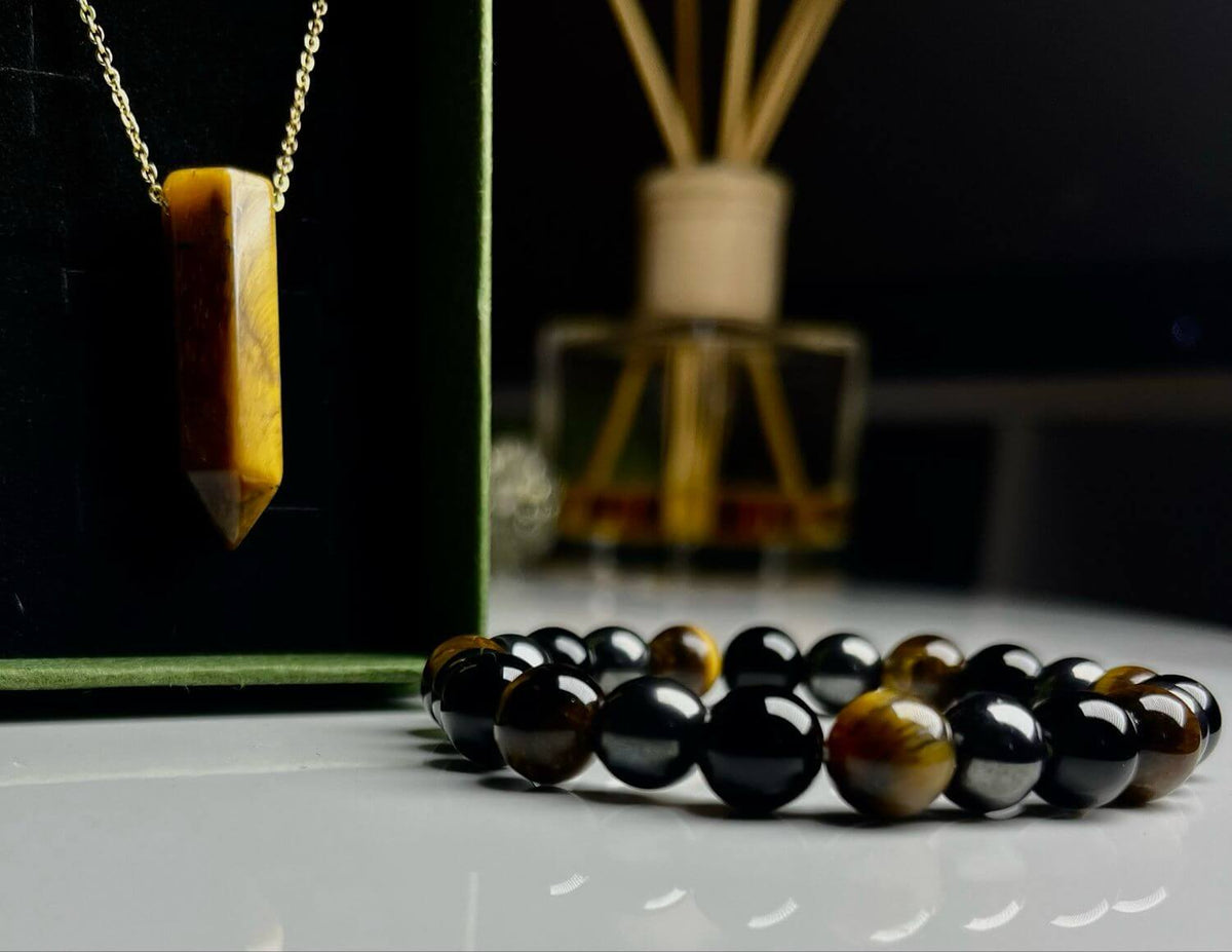 VIKA Tiger’s Eye Pendant + Triple-Stone Bracelet Set