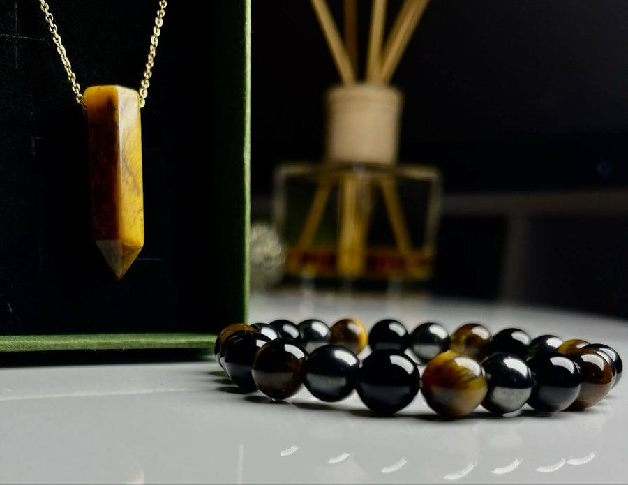 VIKA Tiger’s Eye Pendant + Triple-Stone Bracelet Set