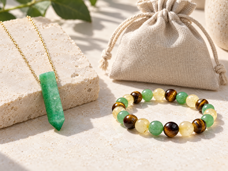 Green aventurine Necklace [Stainless Steel 9ct Gold Plated] & Makwande Bracelet Set