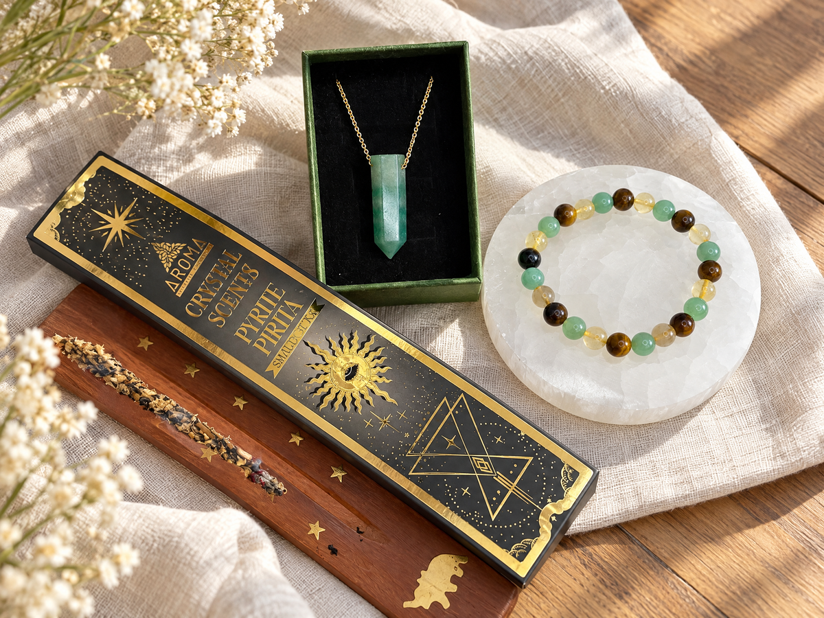 Green aventurine Necklace [Stainless Steel 9ct Gold Plated] 50cm + Makwande Bracelet + Pyrite Incense Set